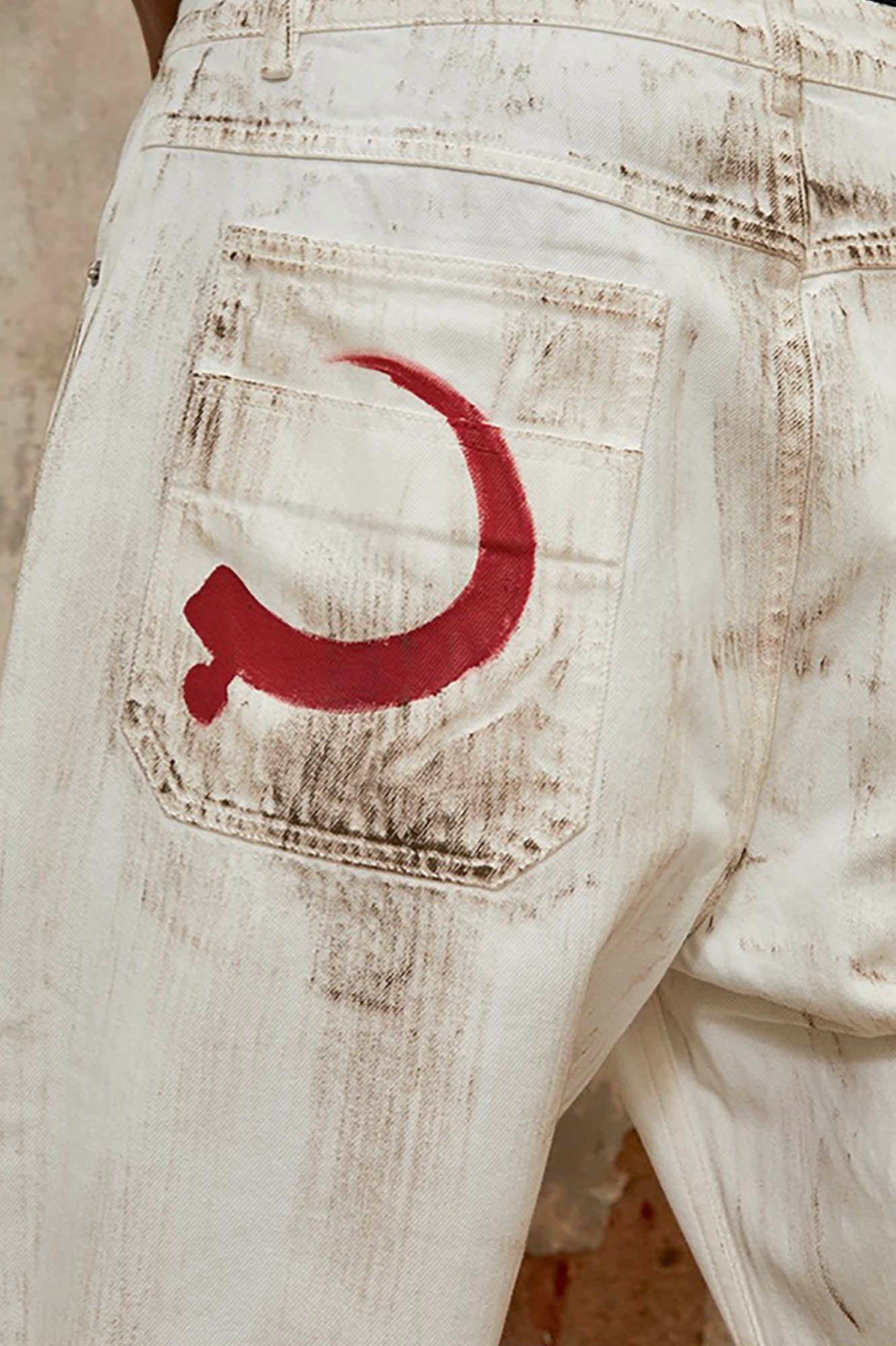 TRIANGLE PROJECT Distressed Crescent Blade Flared Denim Pants