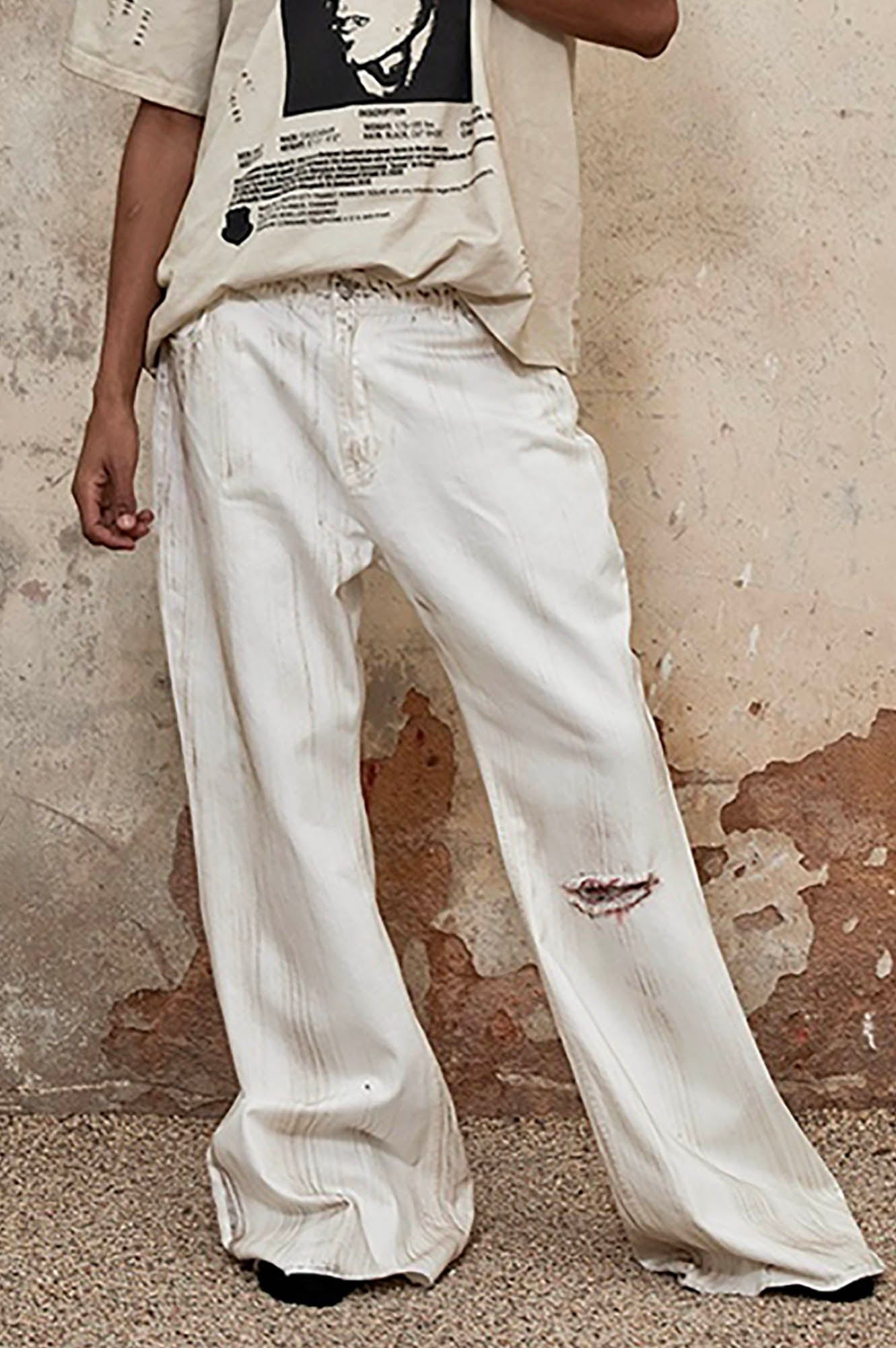 TRIANGLE PROJECT Distressed Crescent Blade Flared Denim Pants