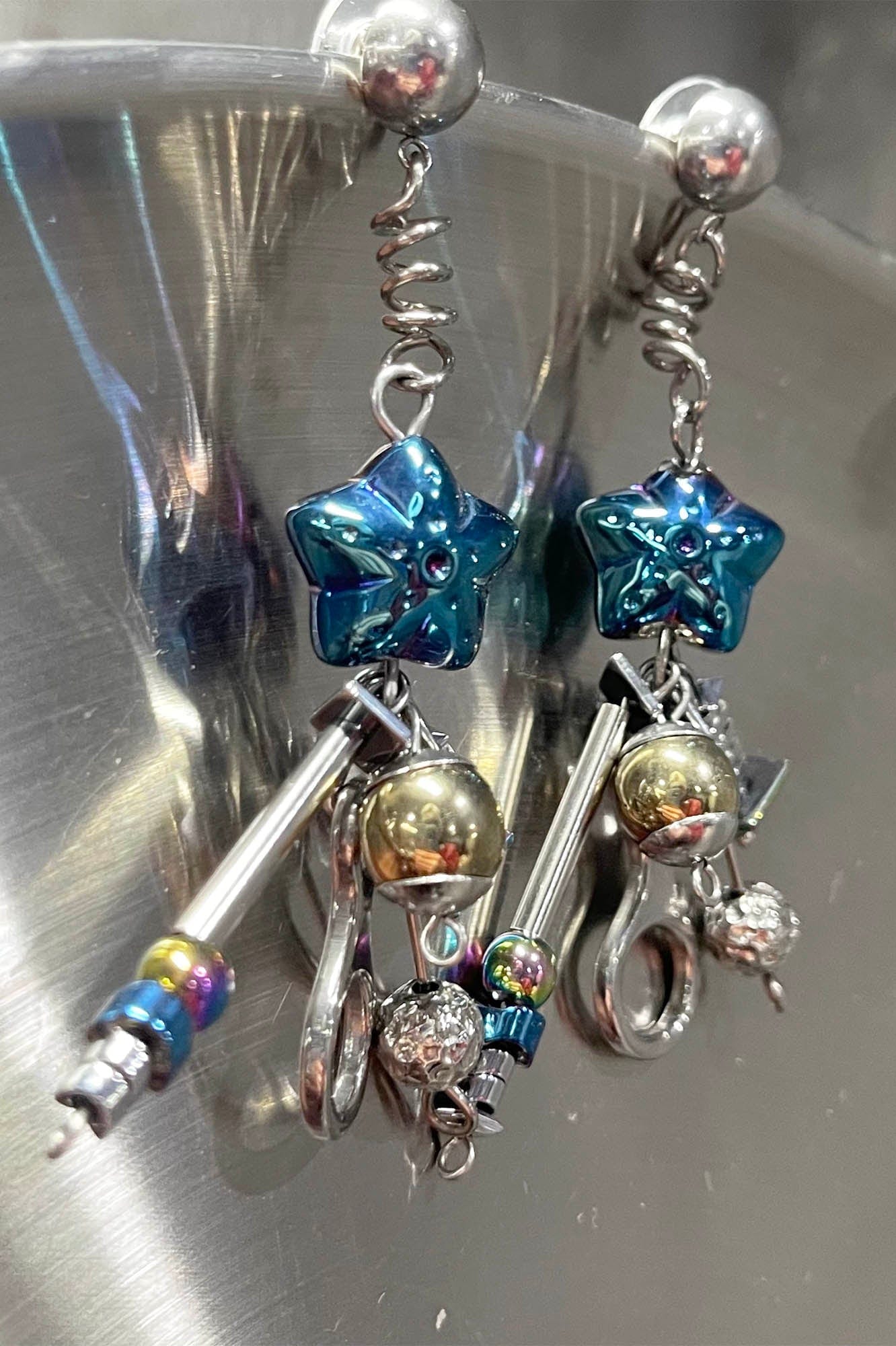 ILLUSORY Space Odyssey Industrial Drop Earrings/ Ear Clip Blue