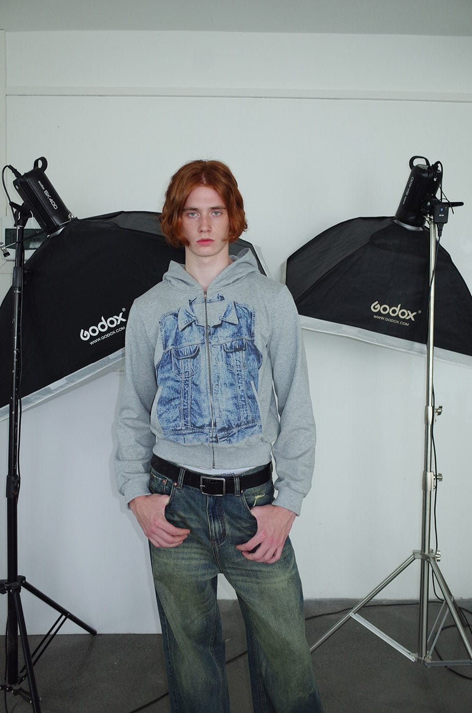 LEONSENSE Denim Print Zip-Up Hoodie