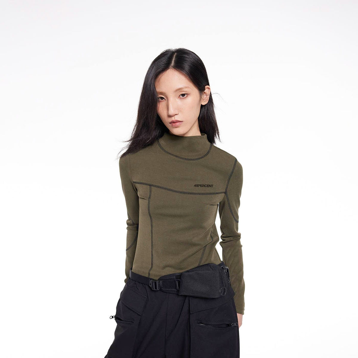 49PERCENT Stitch Outlined High Neck Long Sleeve T-shirt
