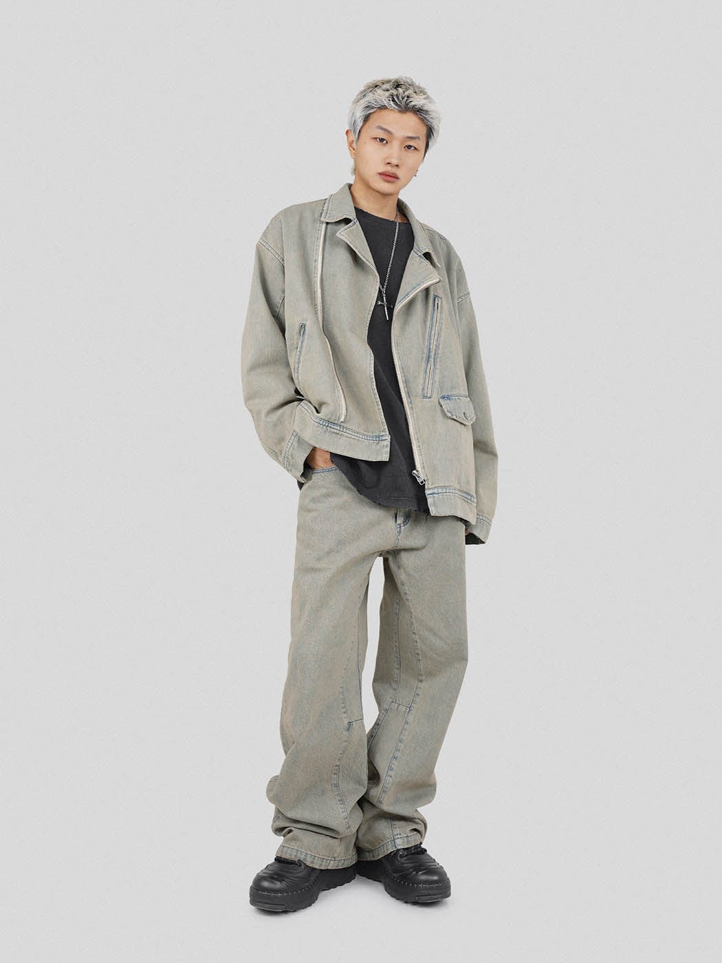UNDERWATER Acid Wash Zipper Biker Jacket