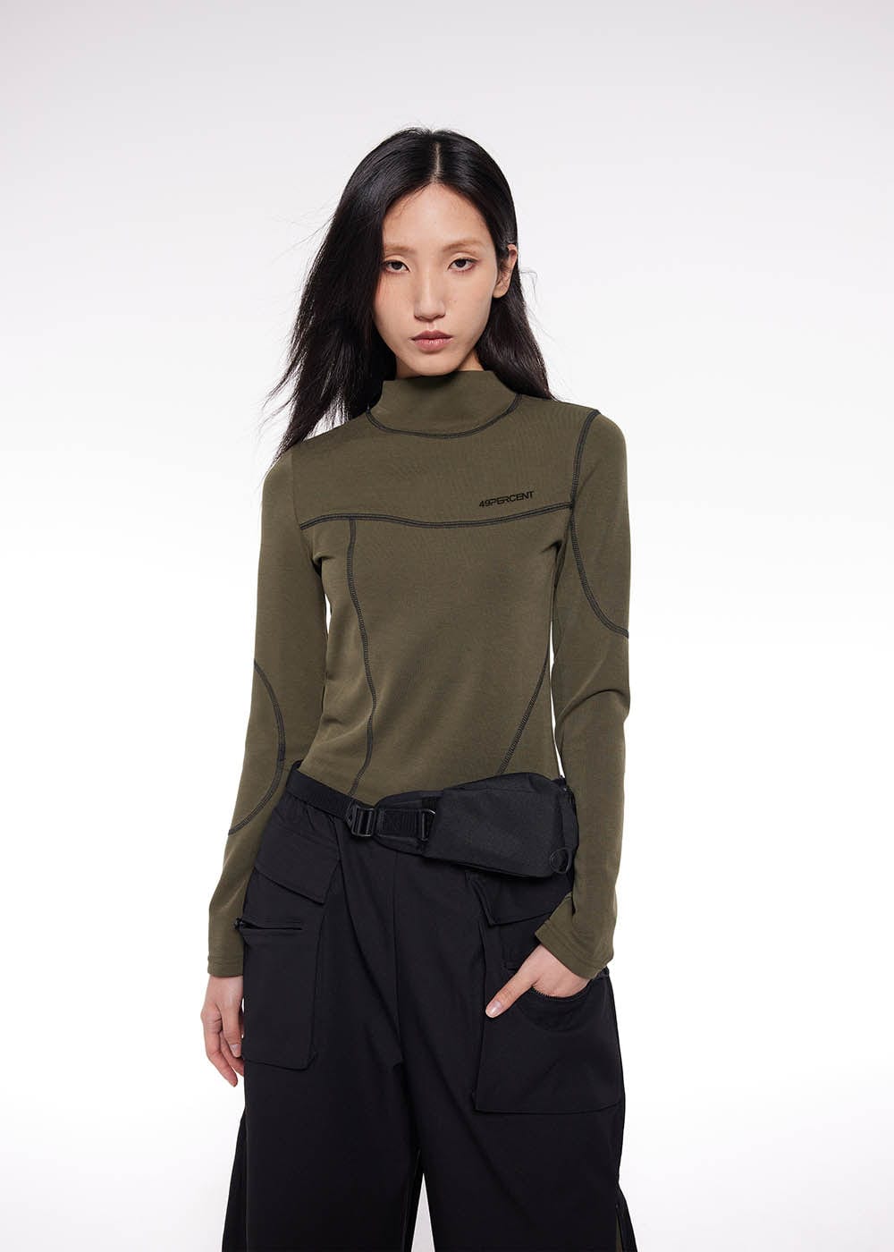 49PERCENT Stitch Outlined High Neck Long Sleeve T-shirt