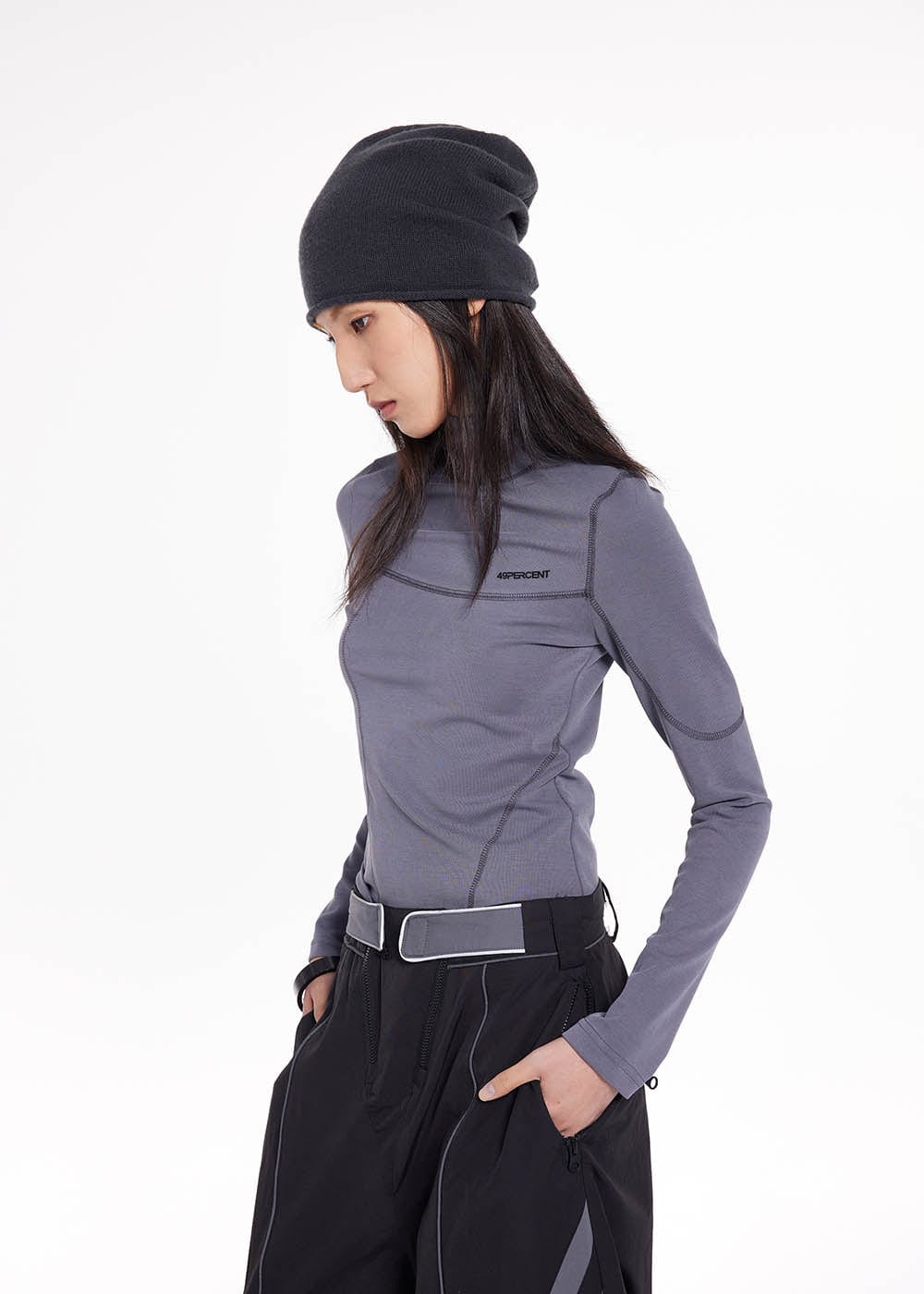 49PERCENT Stitch Outlined High Neck Long Sleeve T-shirt