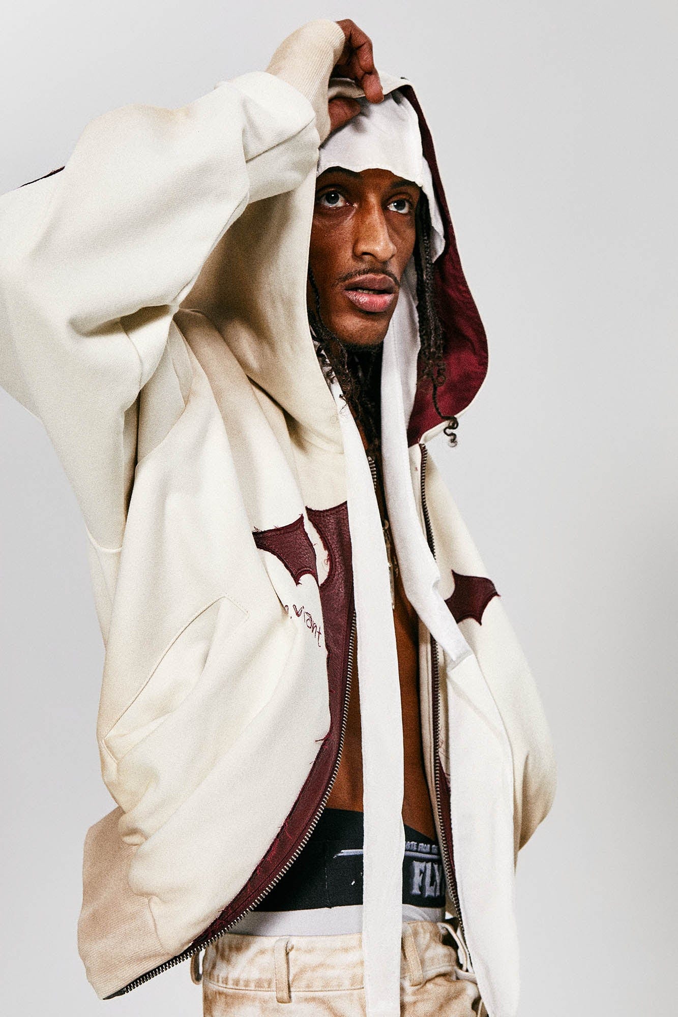 FLYERRER Distressed Cross Patch Studded Hooded Jacket