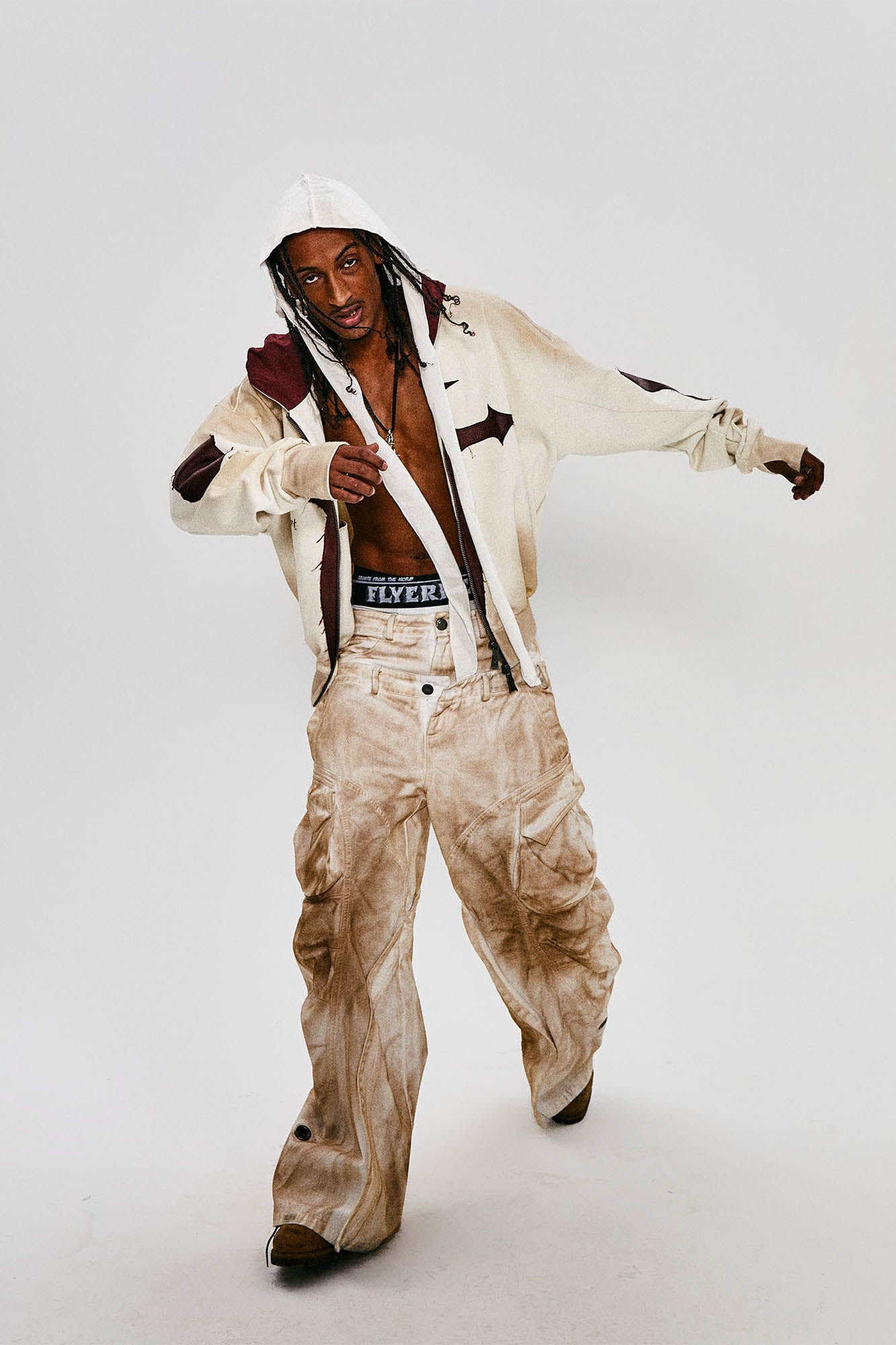 FLYERRER Distressed Cross Patch Studded Hooded Jacket