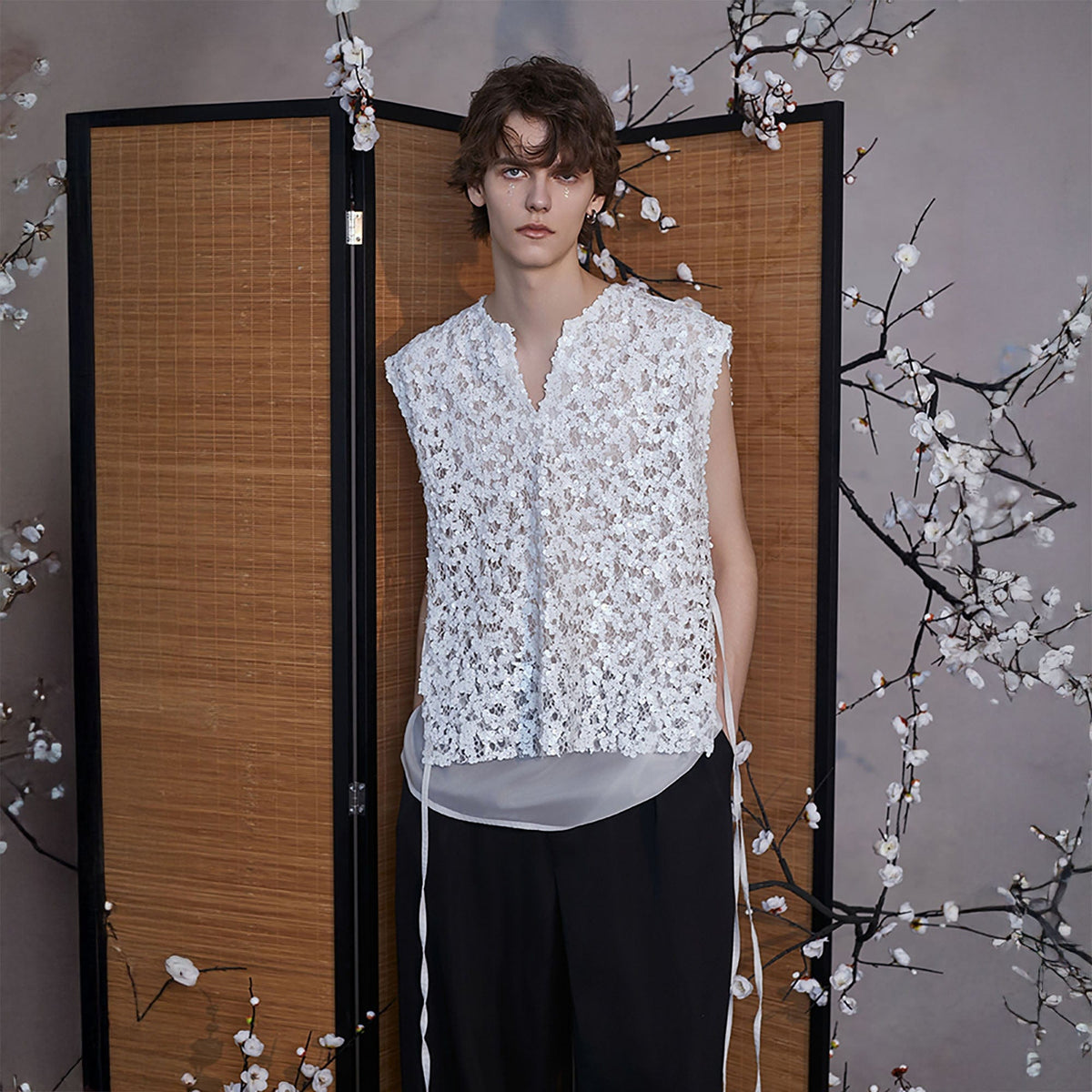 JIECHI Sequin Lace Sheer Layered Vest