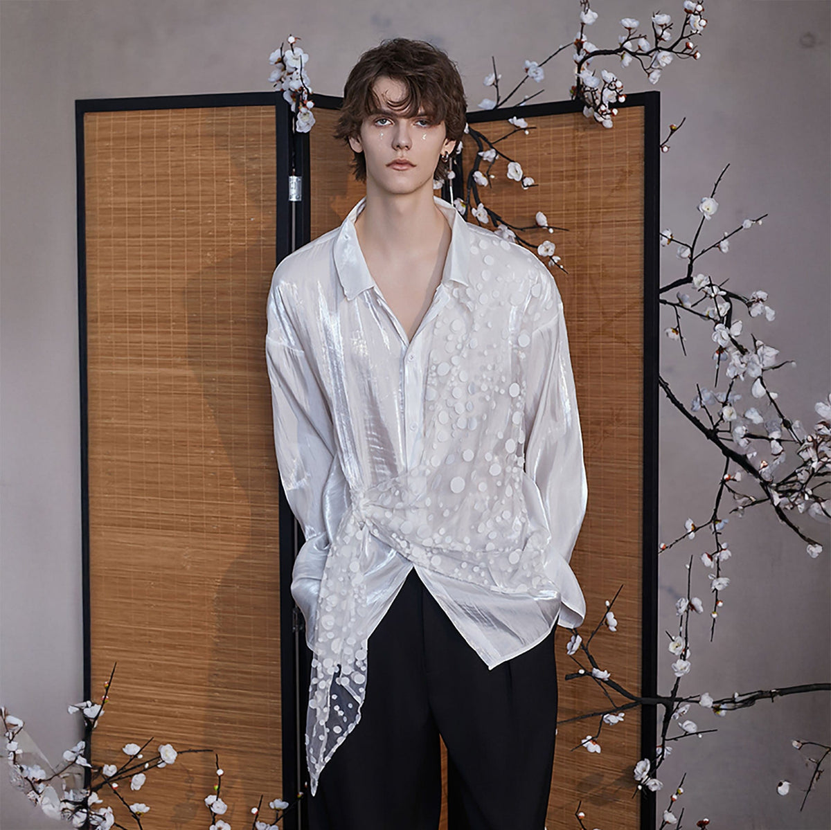 JIECHI Dots Tulle Drape Iridescent Shirt