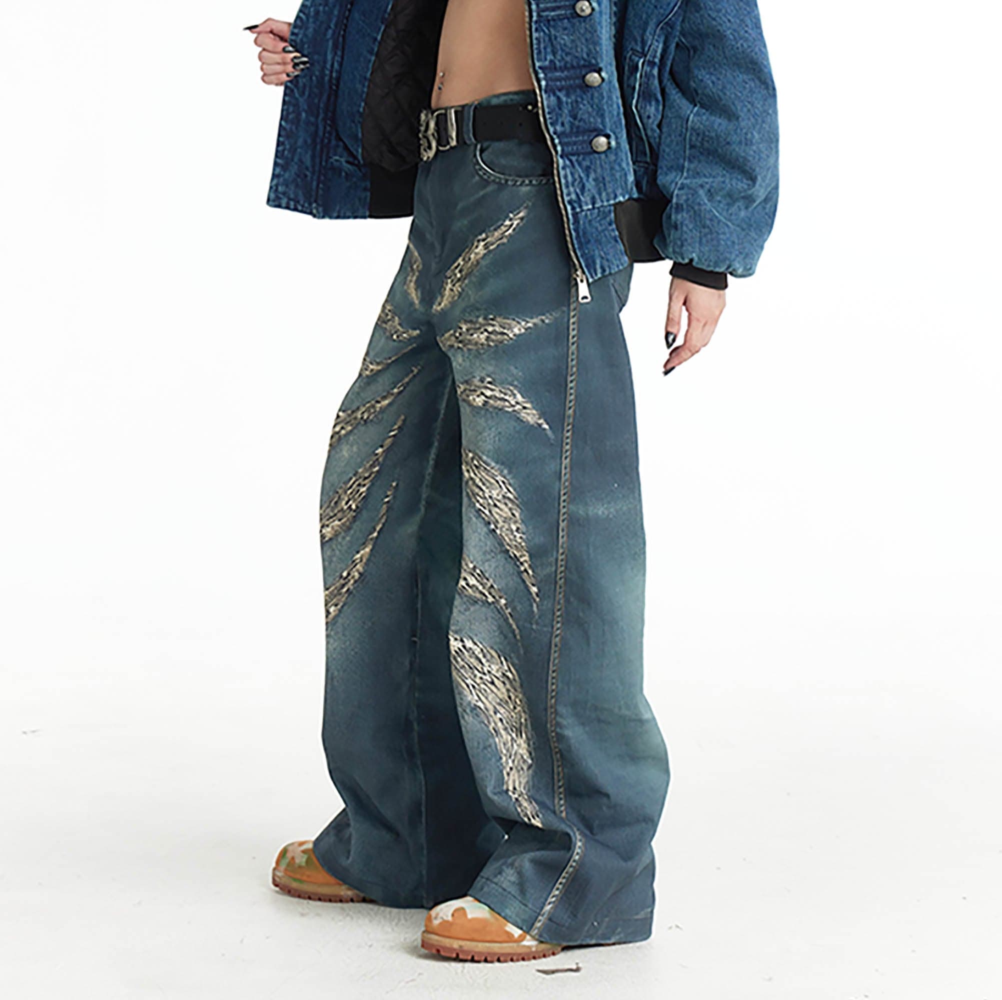DND4DES×Faychui Leopard Wings Embroidered Wide-Leg Jeans