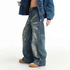 DND4DES×Faychui Leopard Wings Embroidered Wide-Leg Jeans
