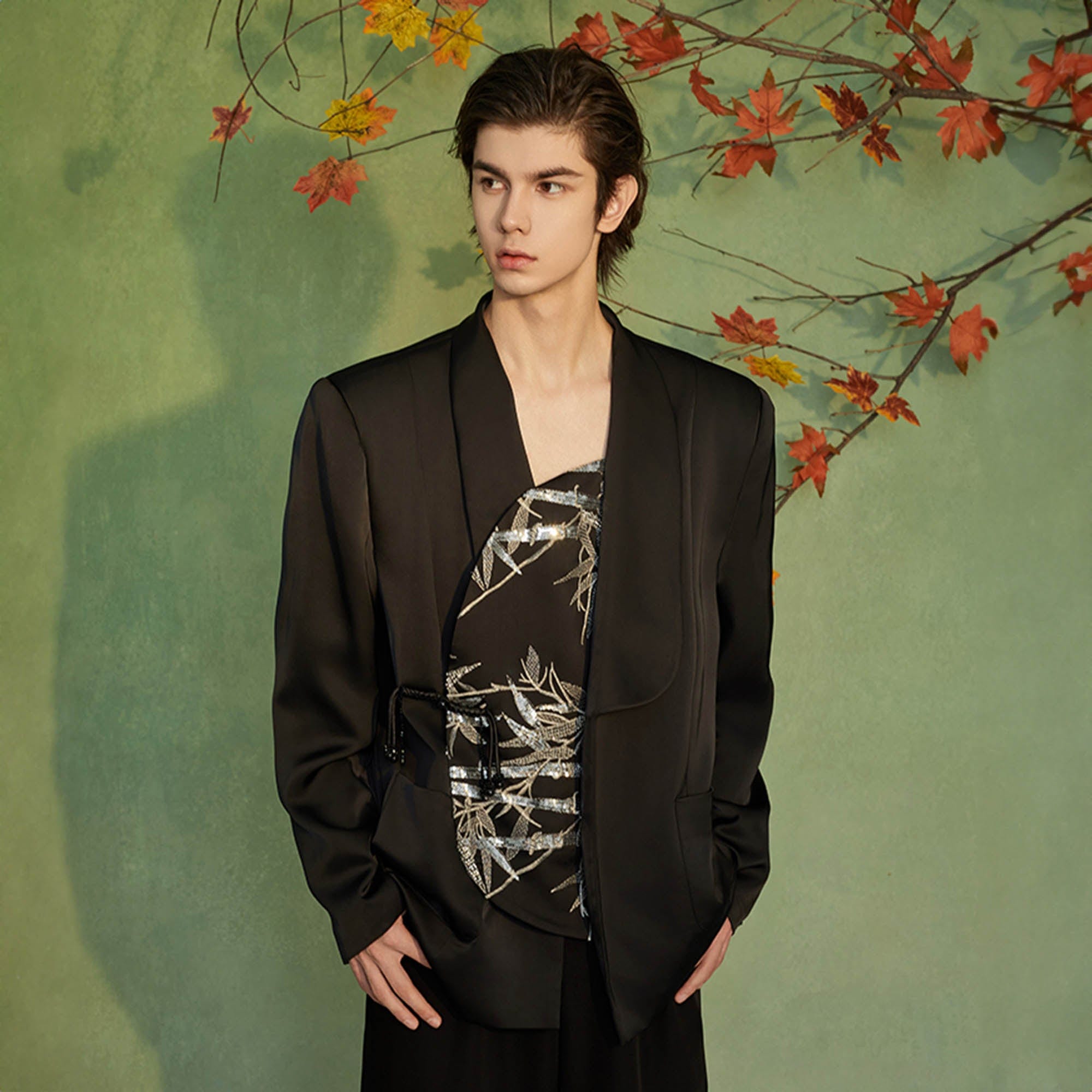 JIECHI Silver Bamboo Embroidery Asymmetrical Placket Blazer