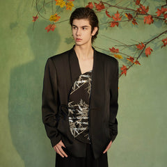 JIECHI Silver Bamboo Embroidery Asymmetrical Placket Blazer