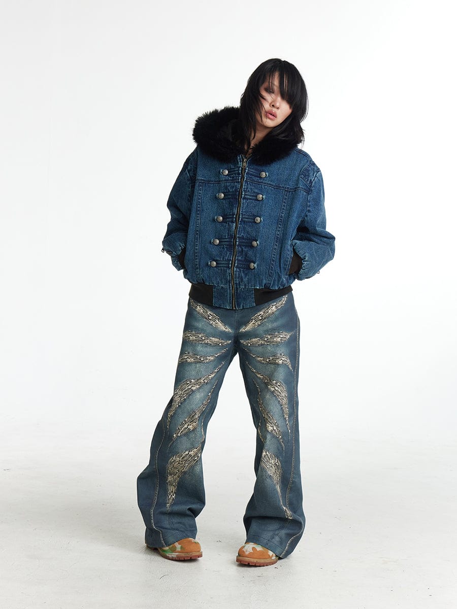 DND4DES×Faychui Leopard Wings Embroidered Wide-Leg Jeans