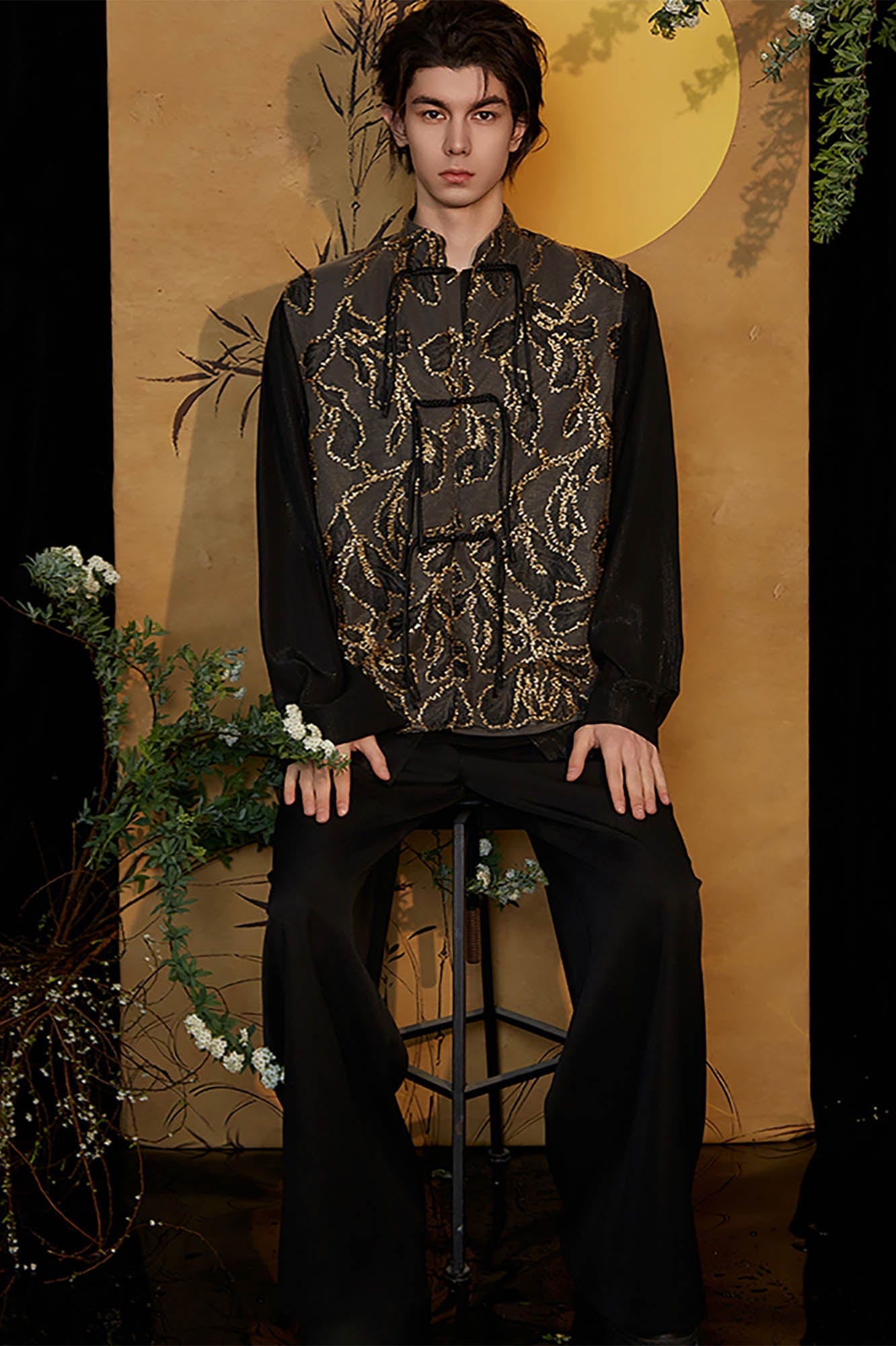 JIECHI Embroidered Metallic Jacquard Frog Button Shirt