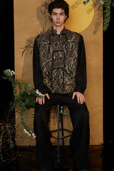 JIECHI Embroidered Metallic Jacquard Frog Button Shirt