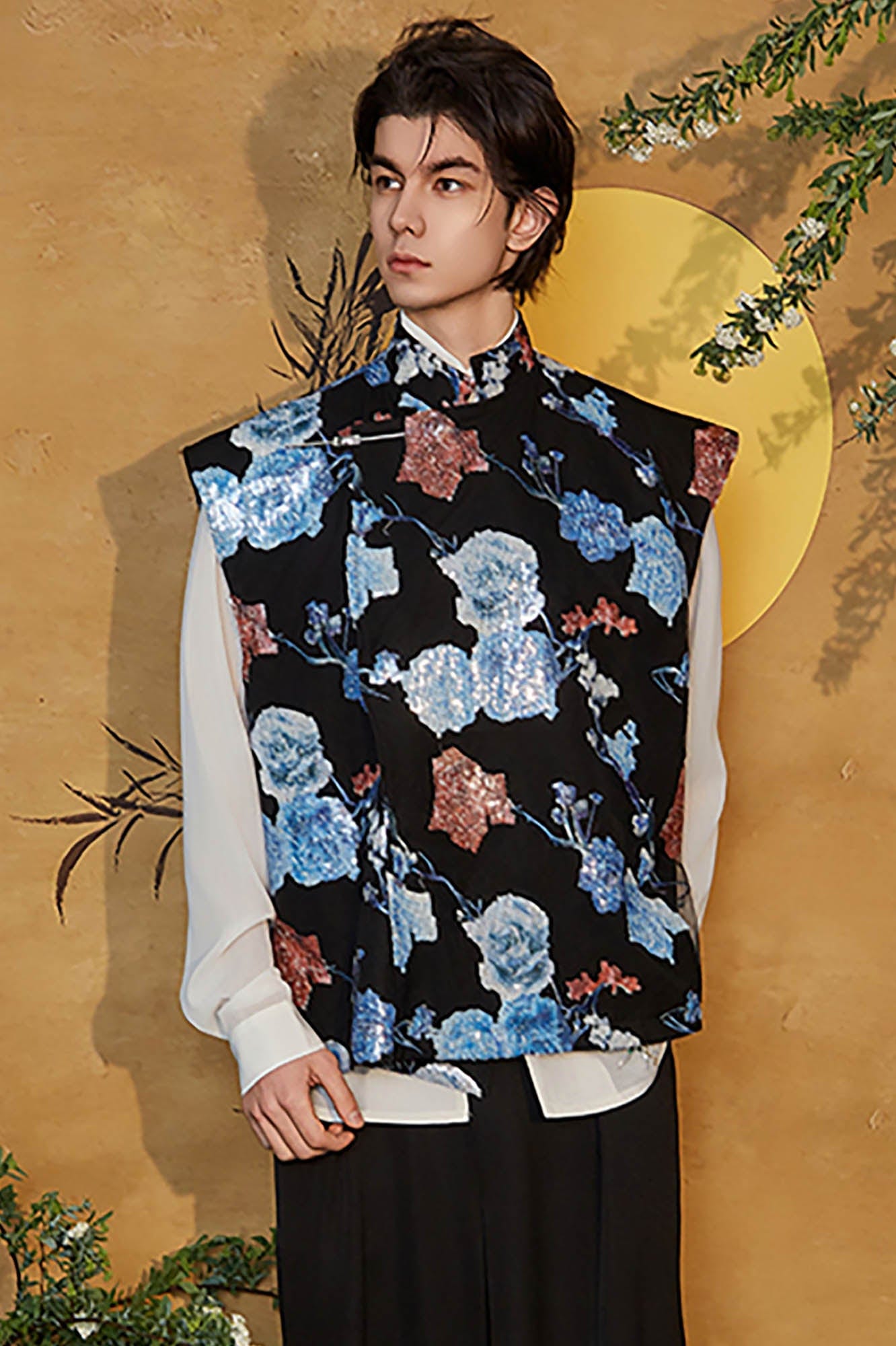 JIECHI Sequin Floral Embroidered Mandarin Collar Vest