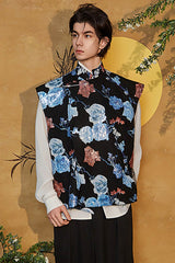 JIECHI Sequin Floral Embroidered Mandarin Collar Vest