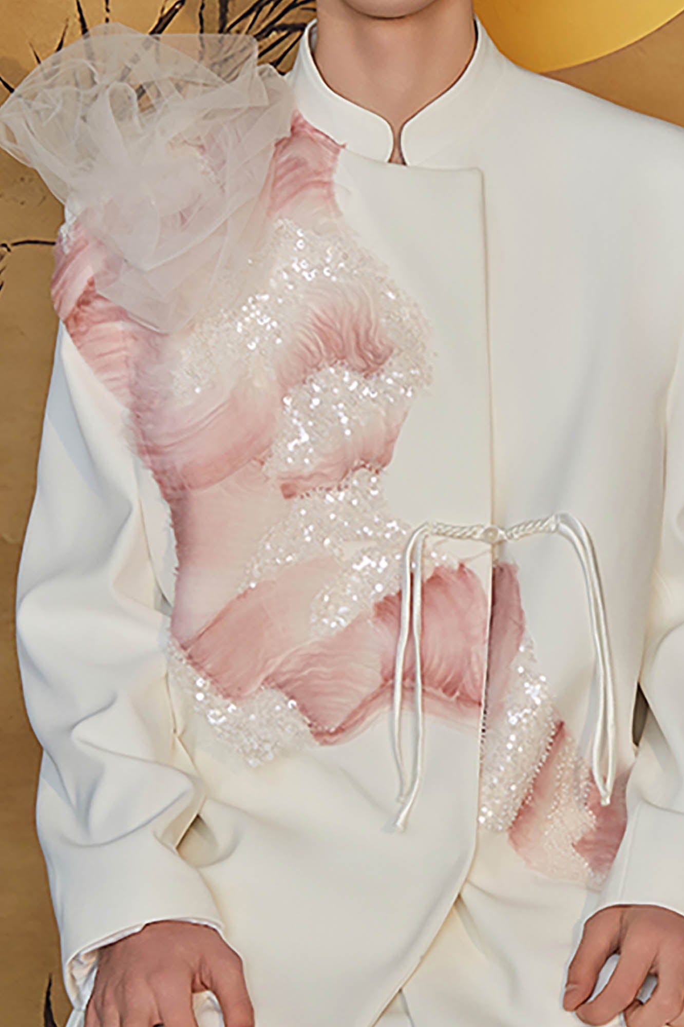 JIECHI Asymmetrical Ruffled Tulle Embellished Blazer