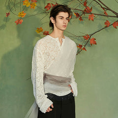 JIECHI Layered Sheer Wrap Lace Henley Shirt