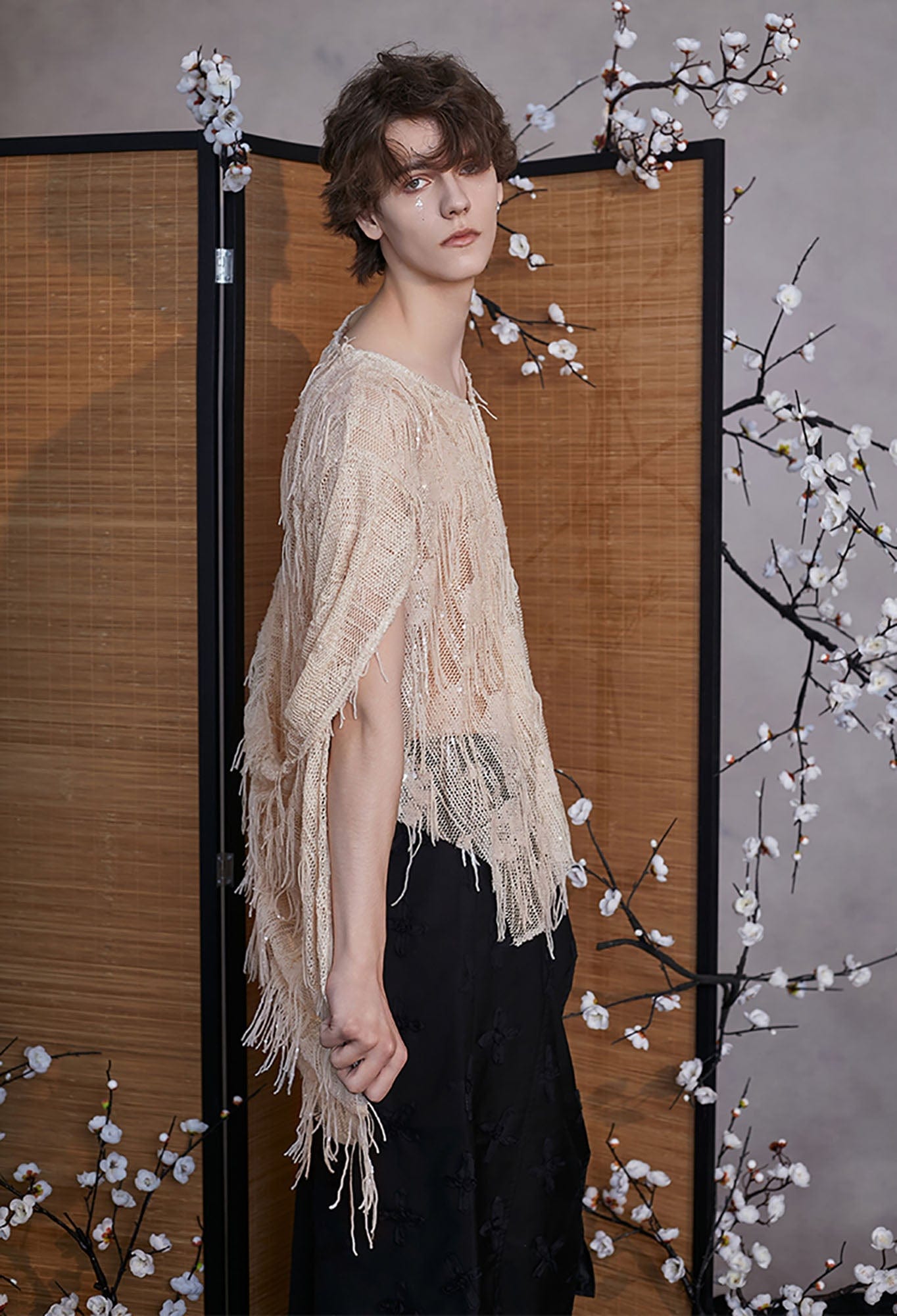 JIECHI Fringed Sequin Embroidered Hooded Poncho