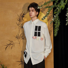 JIECHI Contrast Panel Floral Satin Shirt