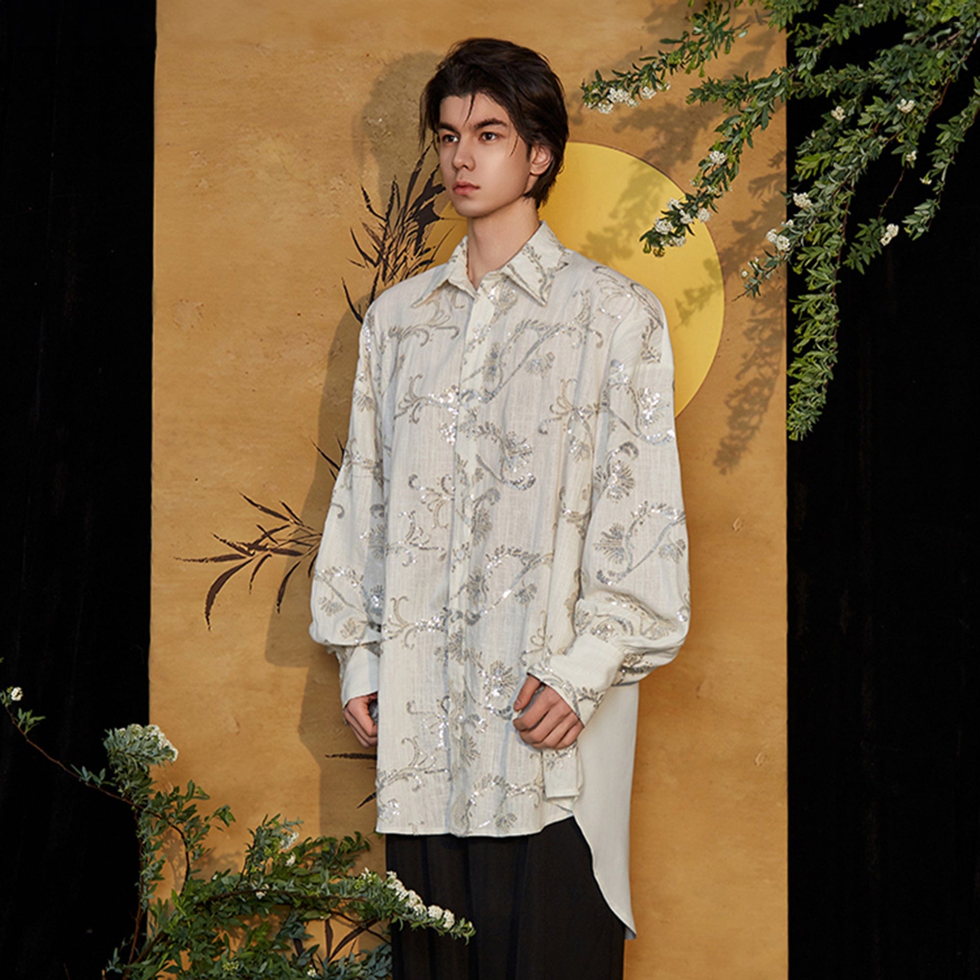 JIECHI Curly Sequin Embroidered Sheer Oversized Shirt
