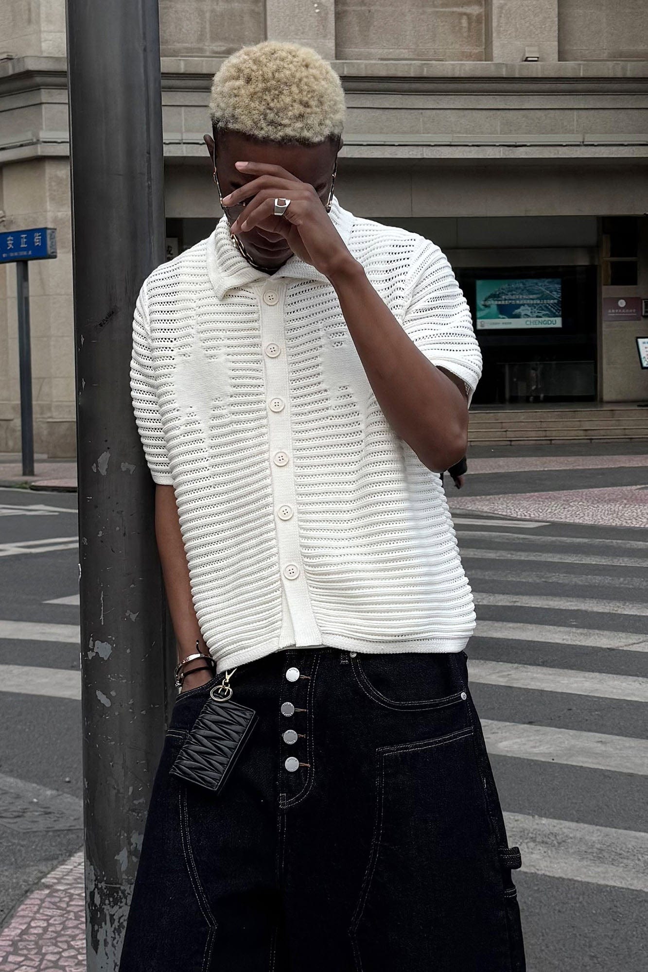 STEEPC Hollow-Out Knit Polo Half Shirt
