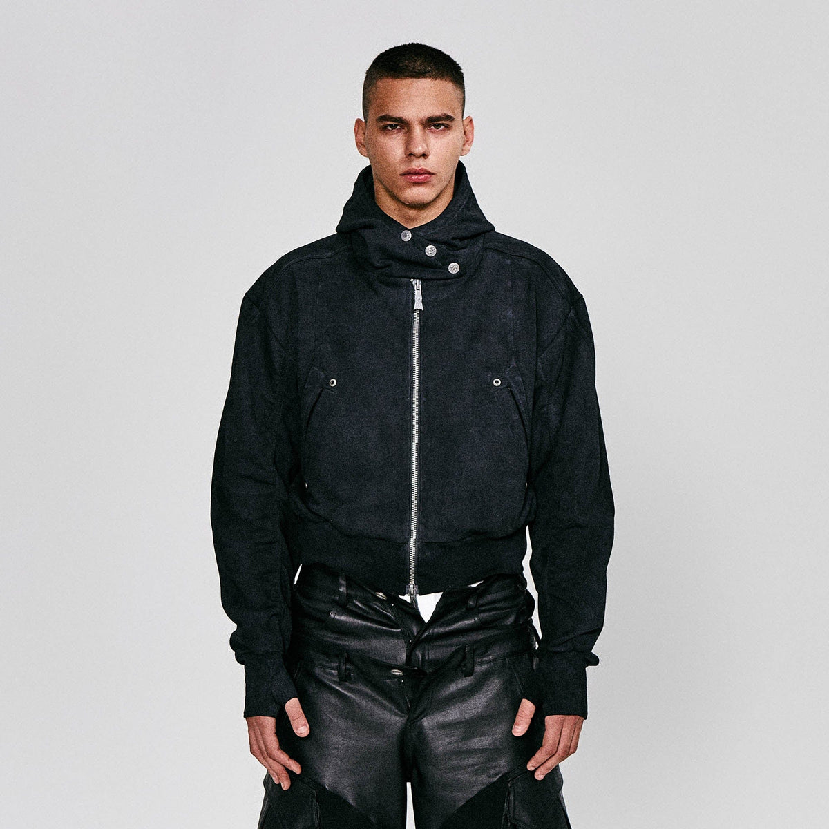 FLYERRER Grommet Spliced Zip-Up Cropped Hoodie