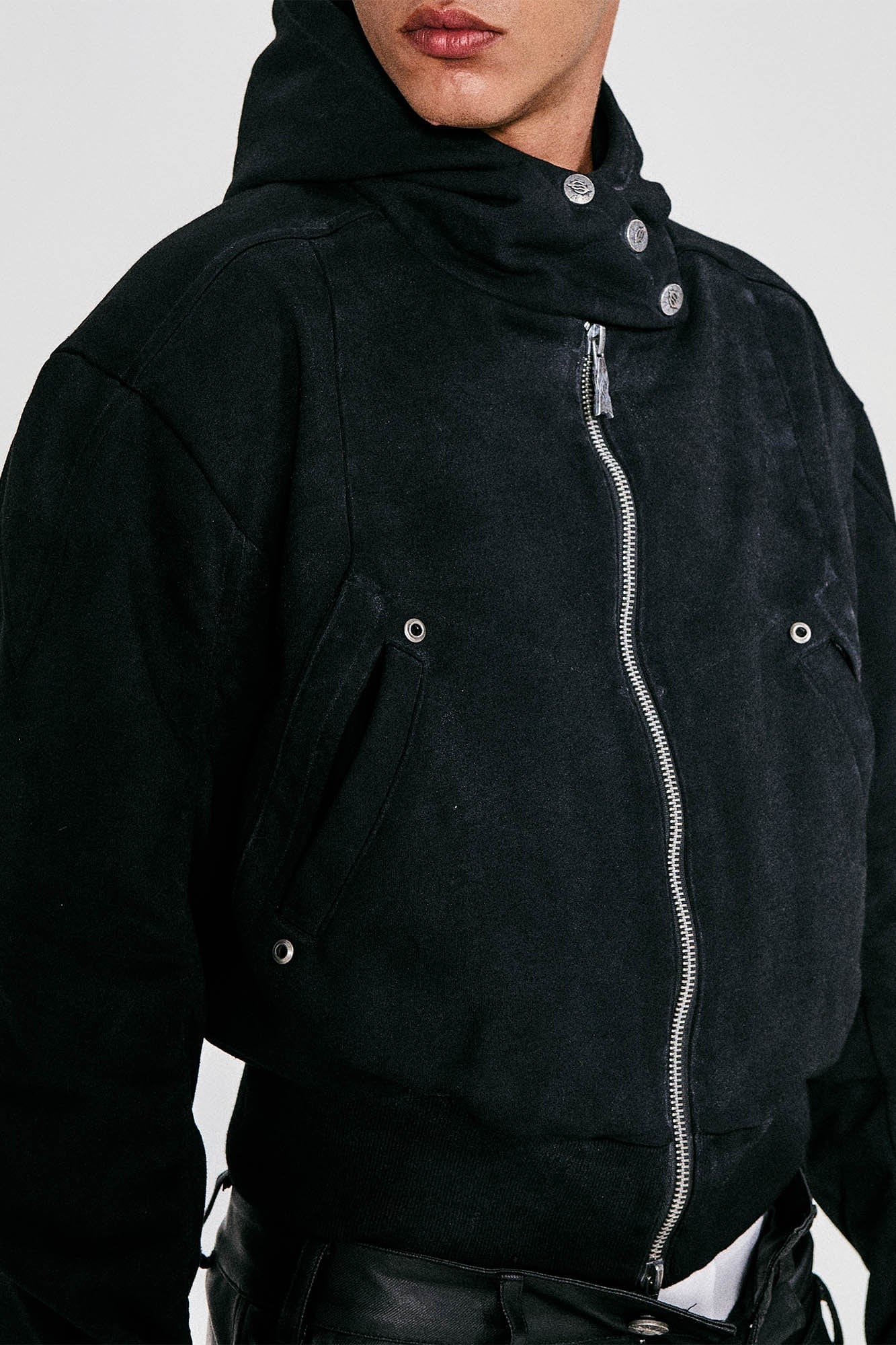 FLYERRER Grommet Spliced Zip-Up Cropped Hoodie