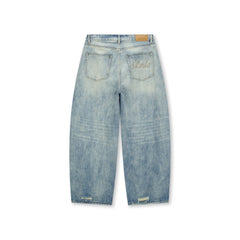 BONELESS Washed Ripped Hem Curved Baggy Jeans