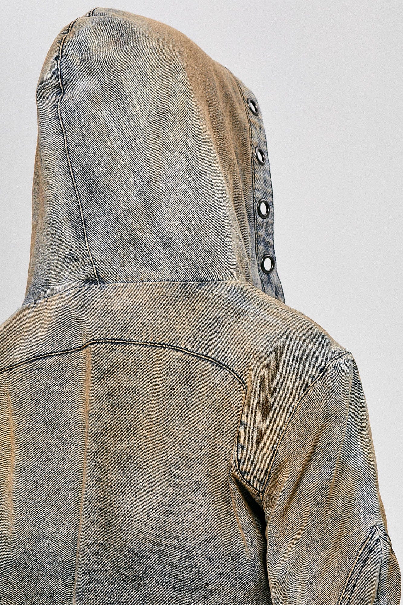 FLYERRER Distressed Spliced Studded Hooded Short Denim Jacket