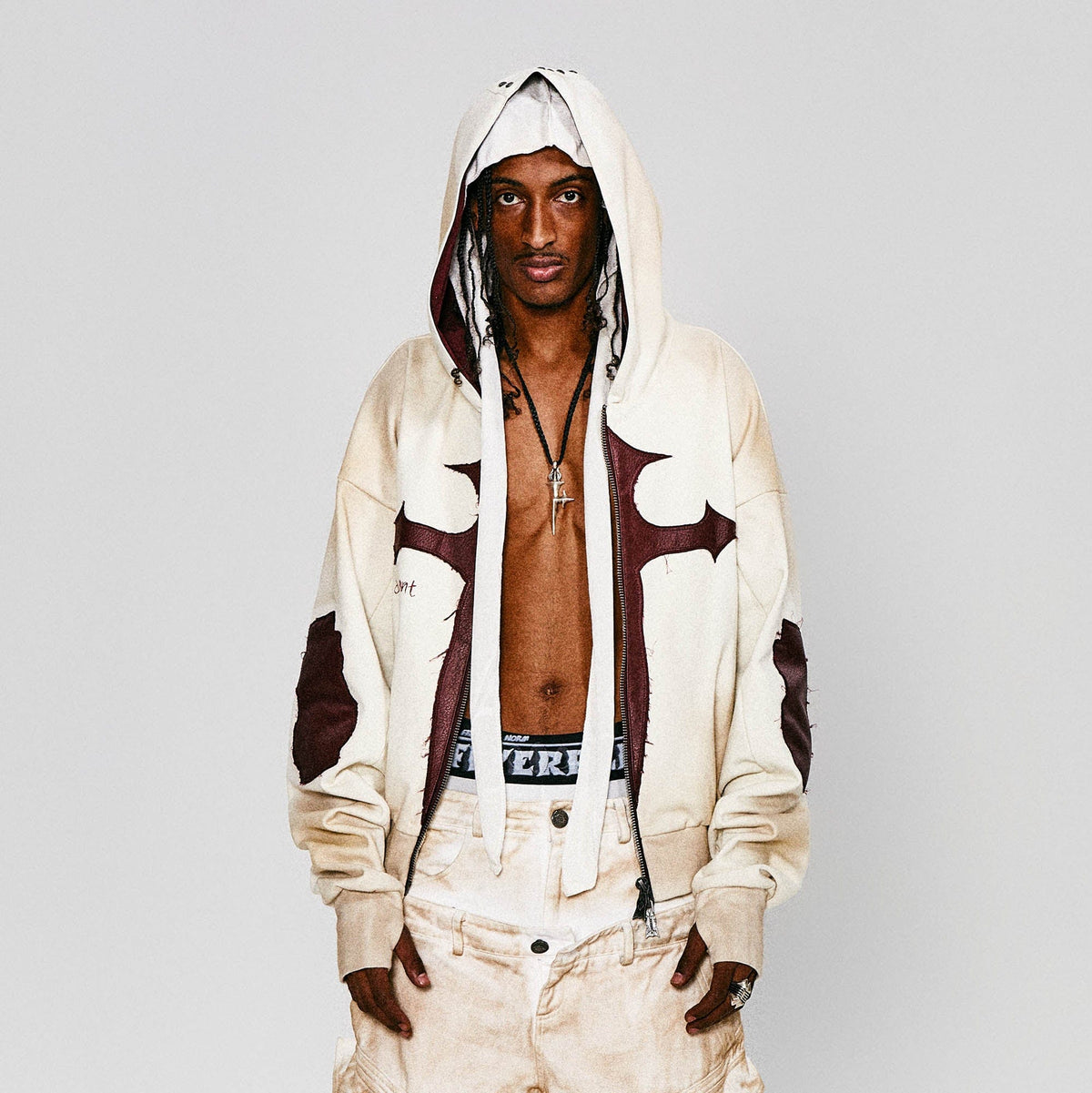 FLYERRER Distressed Cross Patch Studded Hooded Jacket