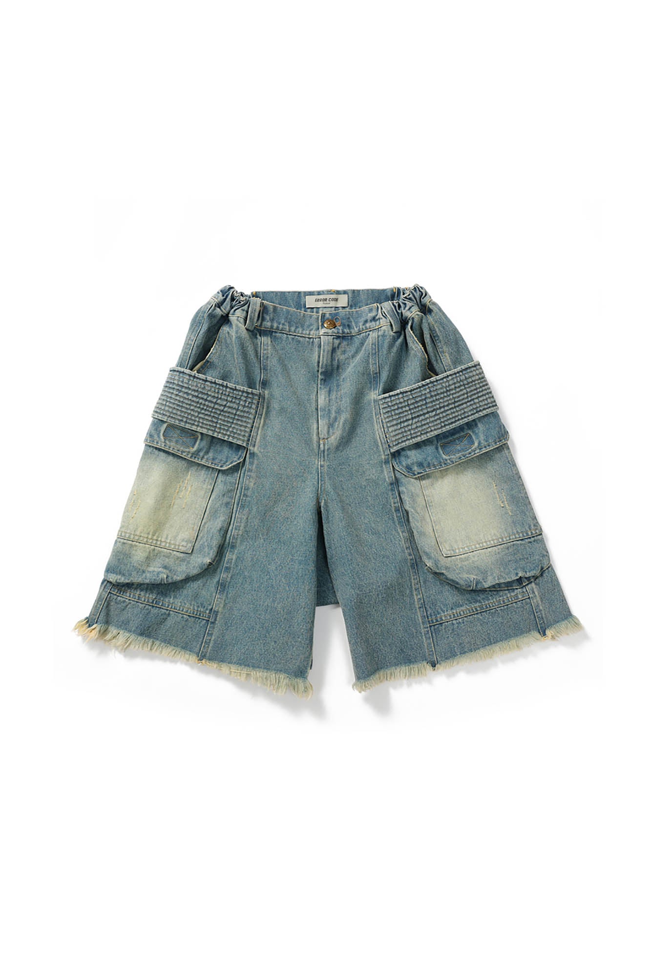 ERROR CODE ROBOT Washed Fringe Multi-Pocket Denim Shorts
