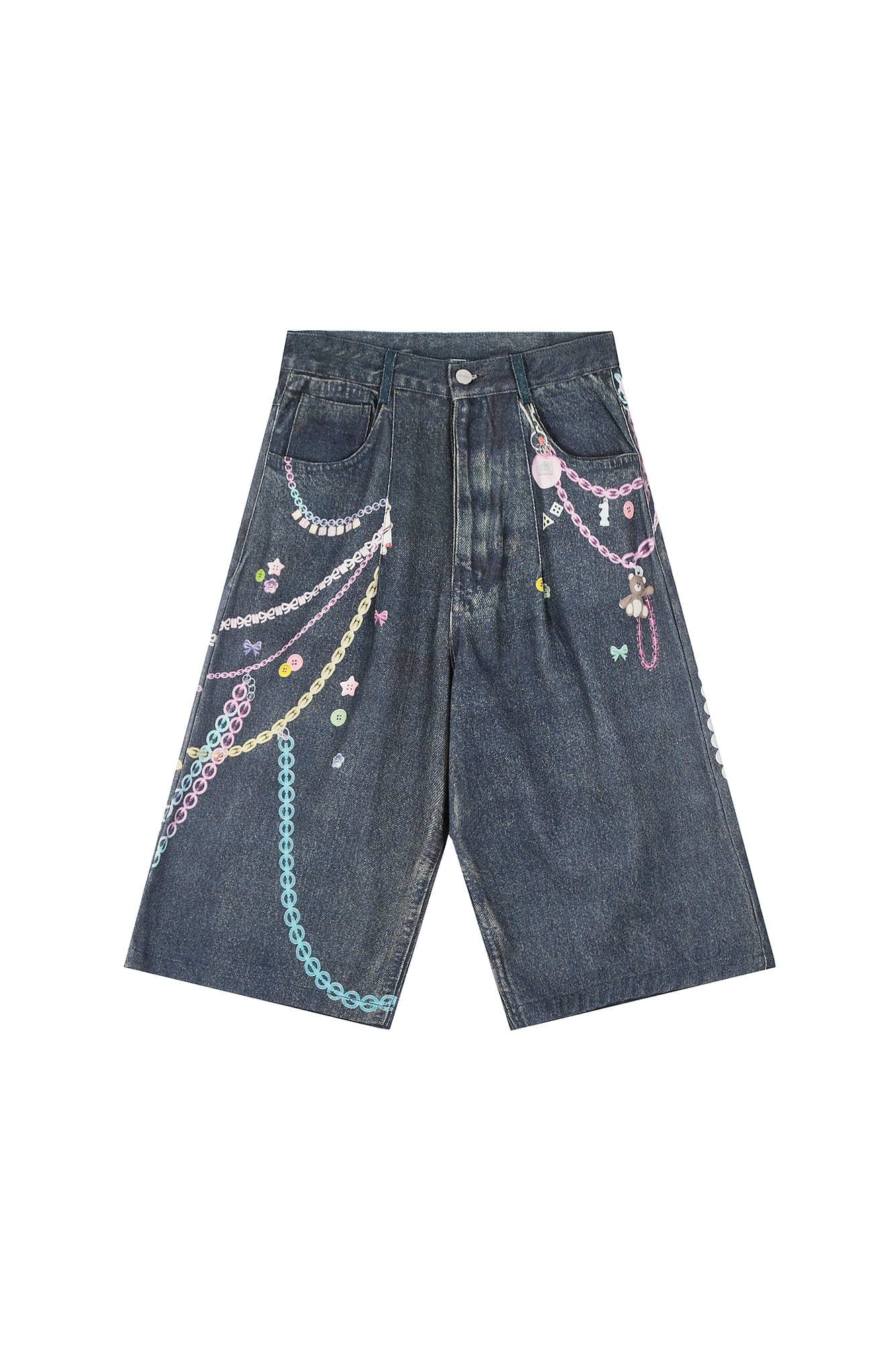 CLP Beaded Chain Graphics Wide-Leg Denim Shorts