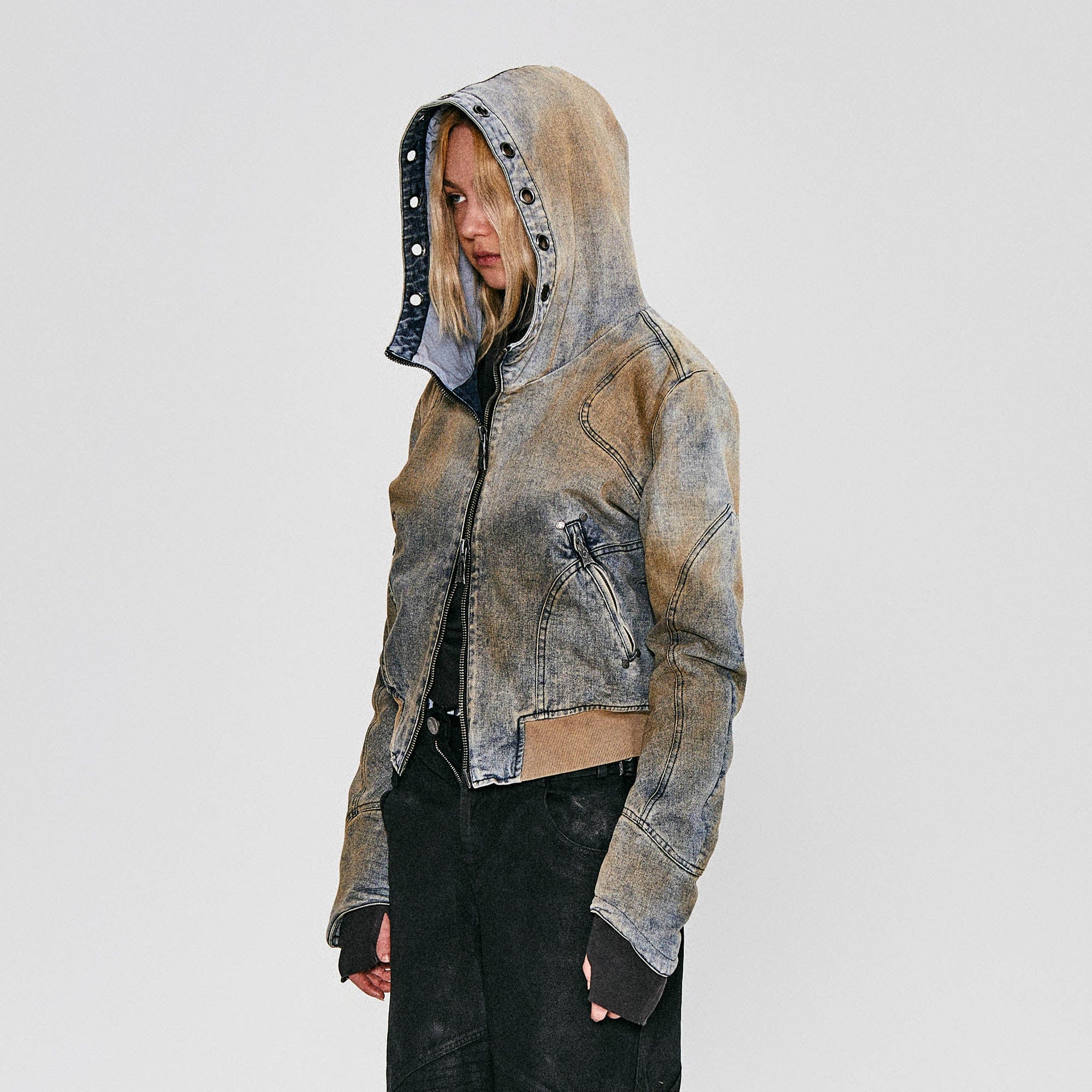 FLYERRER Distressed Spliced Studded Hooded Short Denim Jacket