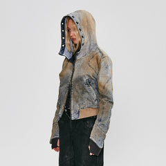 FLYERRER Distressed Spliced Studded Hooded Short Denim Jacket