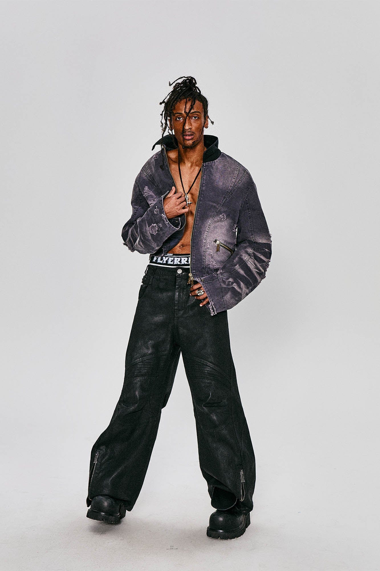 FLYERRER Distressed Curved Spliced Jacket Grey