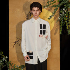 JIECHI Contrast Panel Floral Satin Shirt