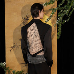 JIECHI Sheer Lace Panel Backless V-Neck Blazer