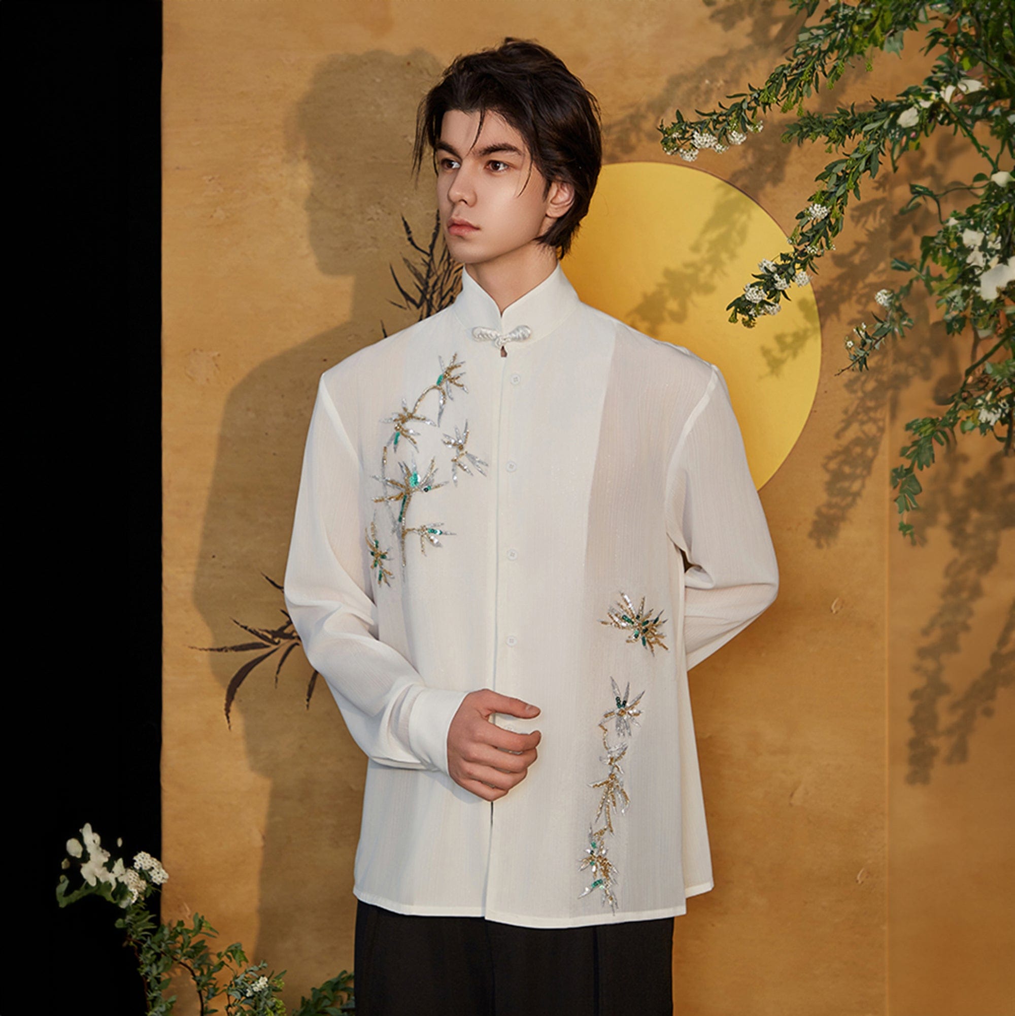 JIECHI Embroidered Bamboo Sheer Flowing Shirt