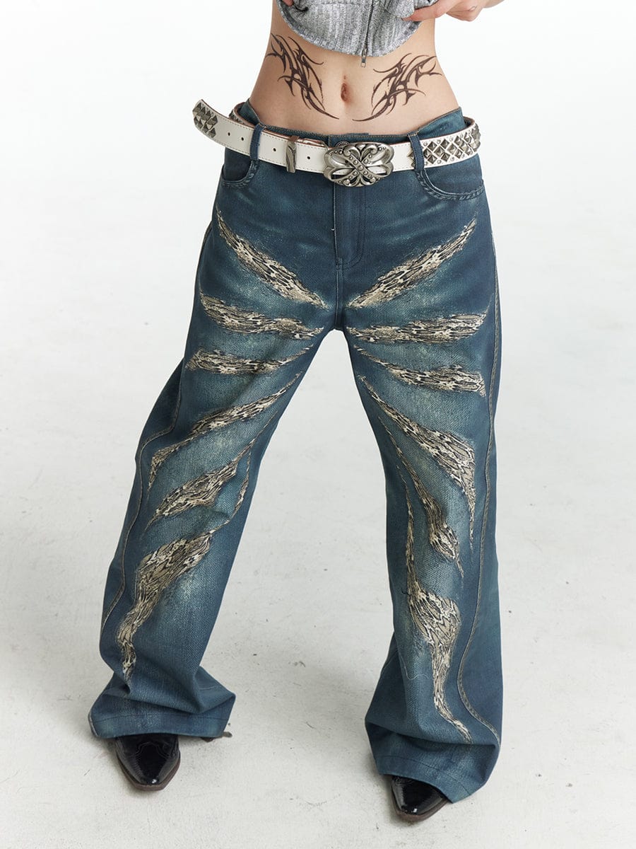 DND4DES×Faychui Leopard Wings Embroidered Wide-Leg Jeans