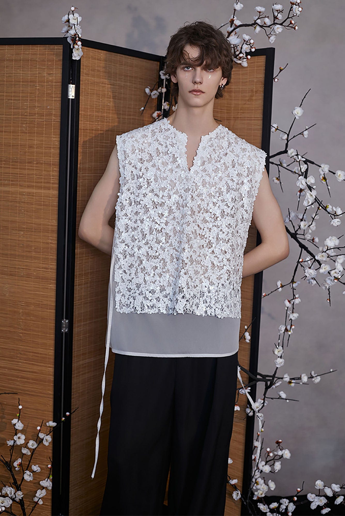 JIECHI Sequin Lace Sheer Layered Vest