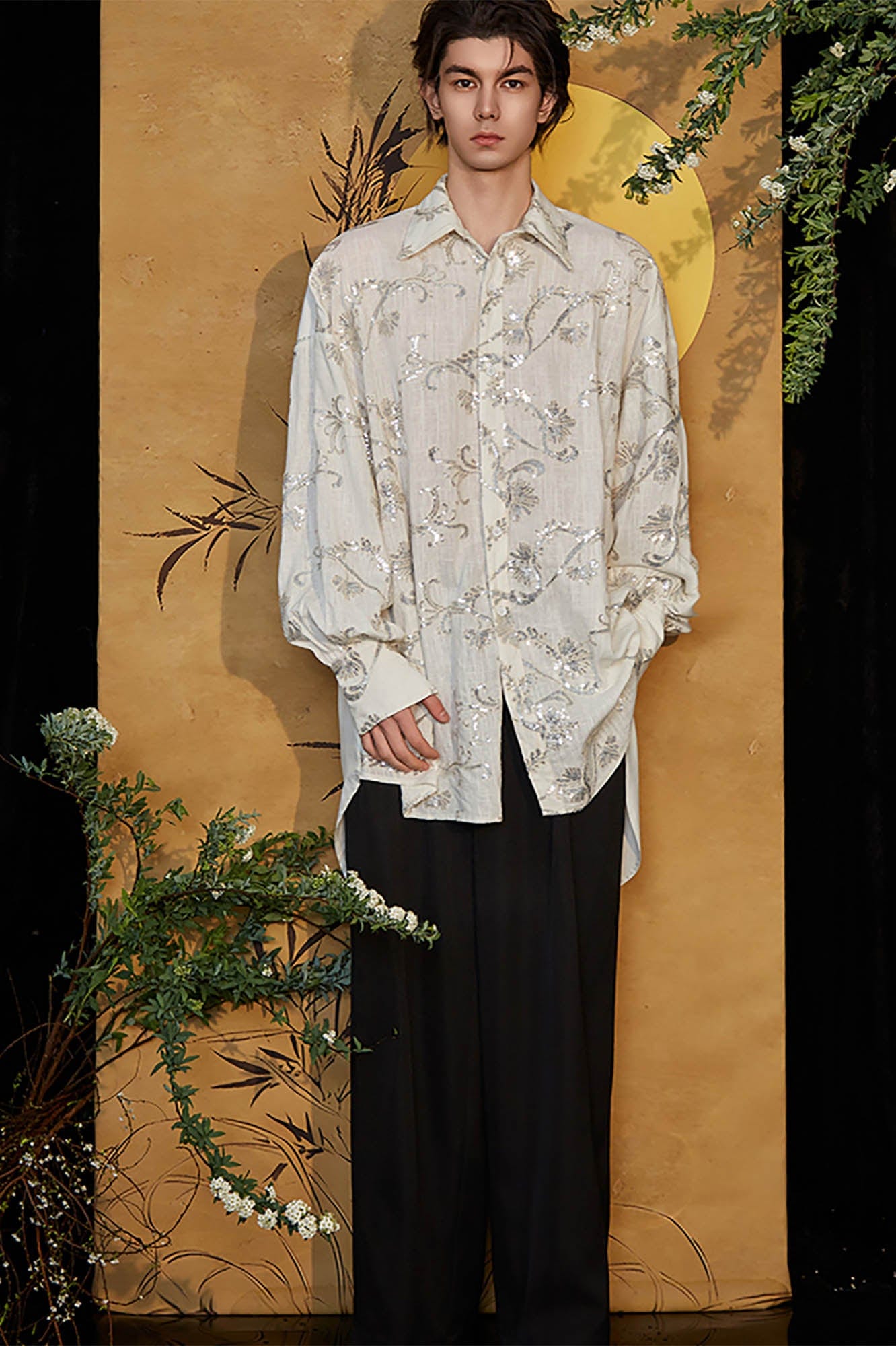 JIECHI Curly Sequin Embroidered Sheer Oversized Shirt