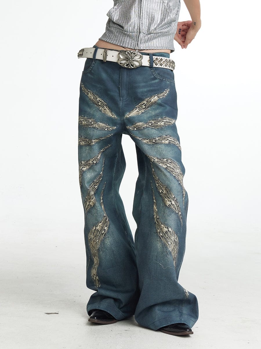 DND4DES×Faychui Leopard Wings Embroidered Wide-Leg Jeans