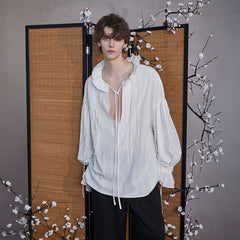 JIECHI Pearl Beading Embellished Ruffle Poet Shirt