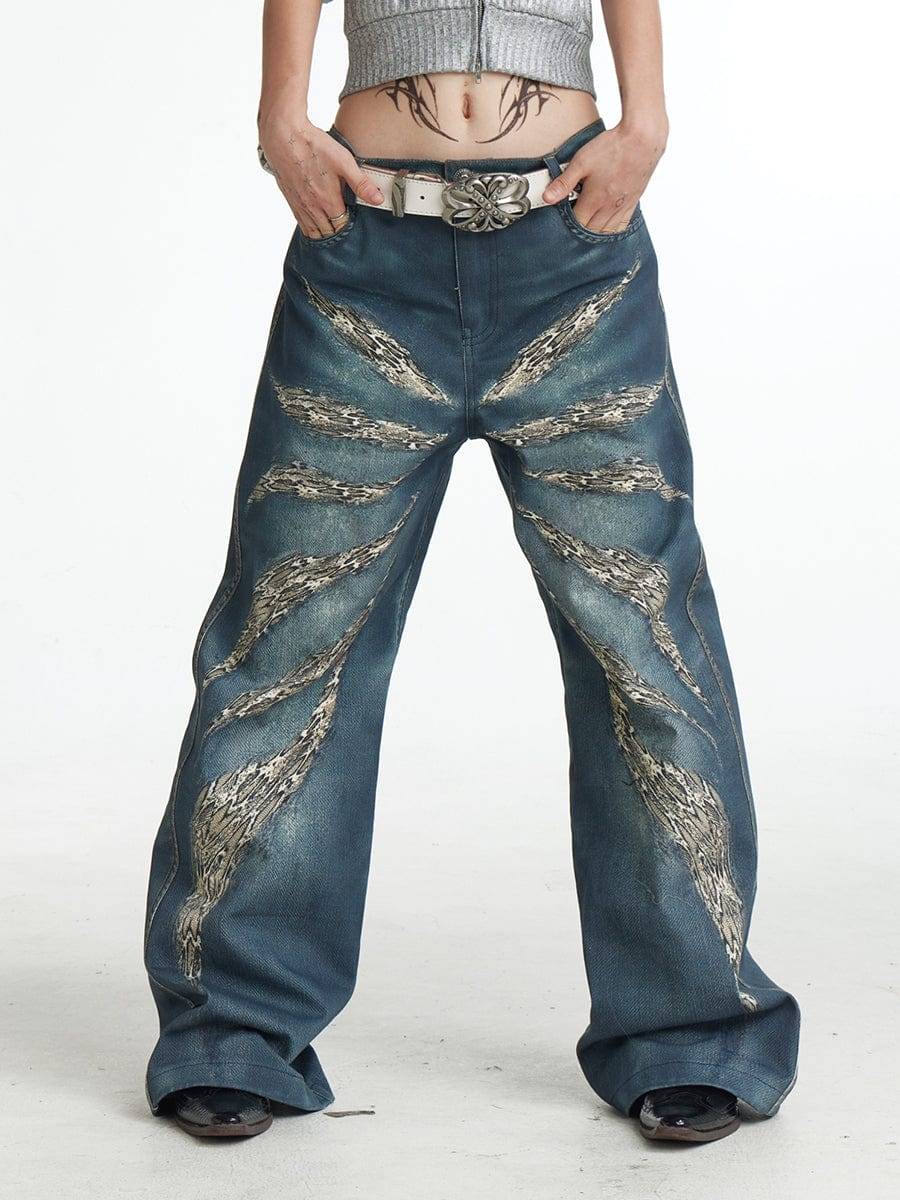 DND4DES×Faychui Leopard Wings Embroidered Wide-Leg Jeans
