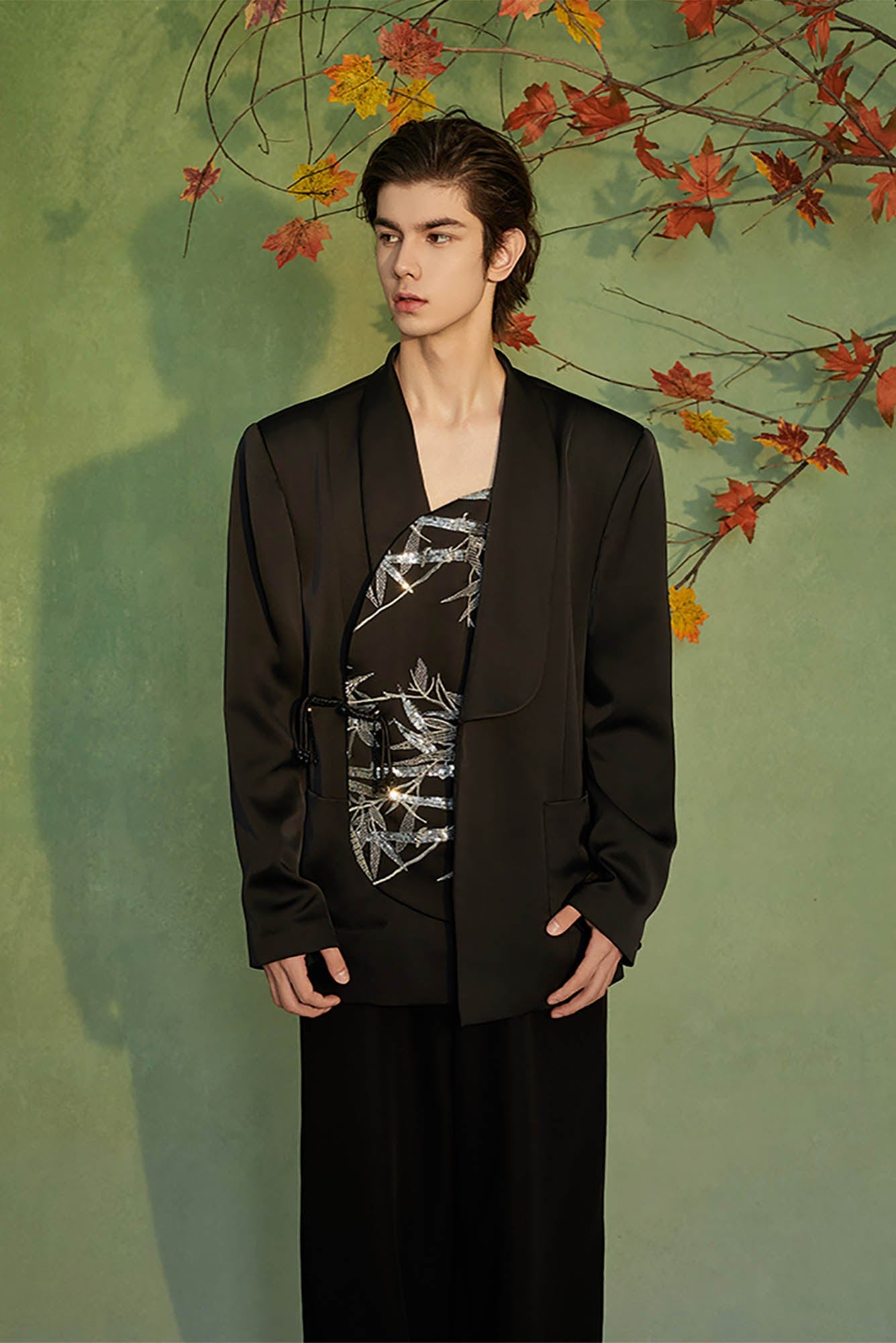 JIECHI Silver Bamboo Embroidery Asymmetrical Placket Blazer