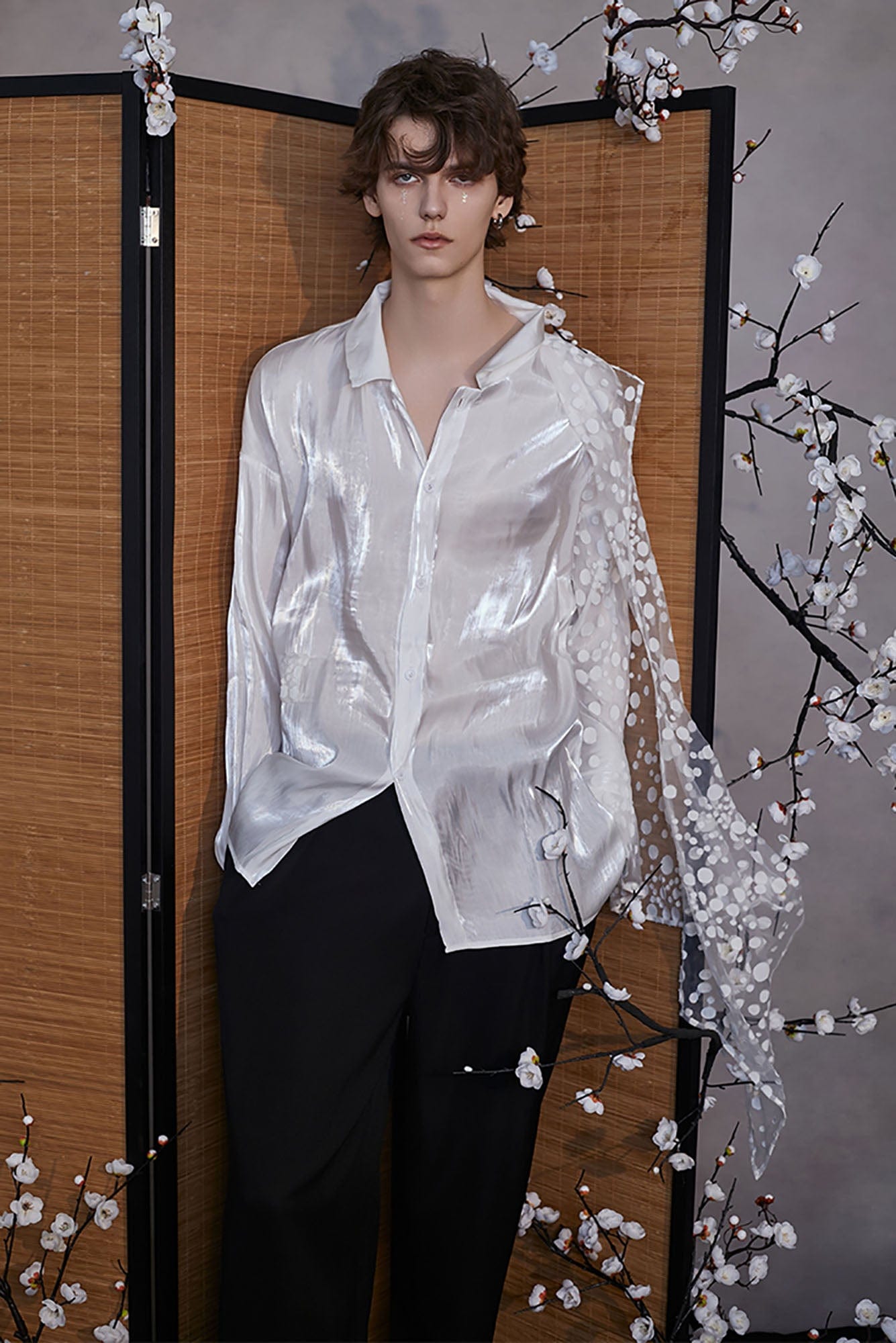 JIECHI Dots Tulle Drape Iridescent Shirt