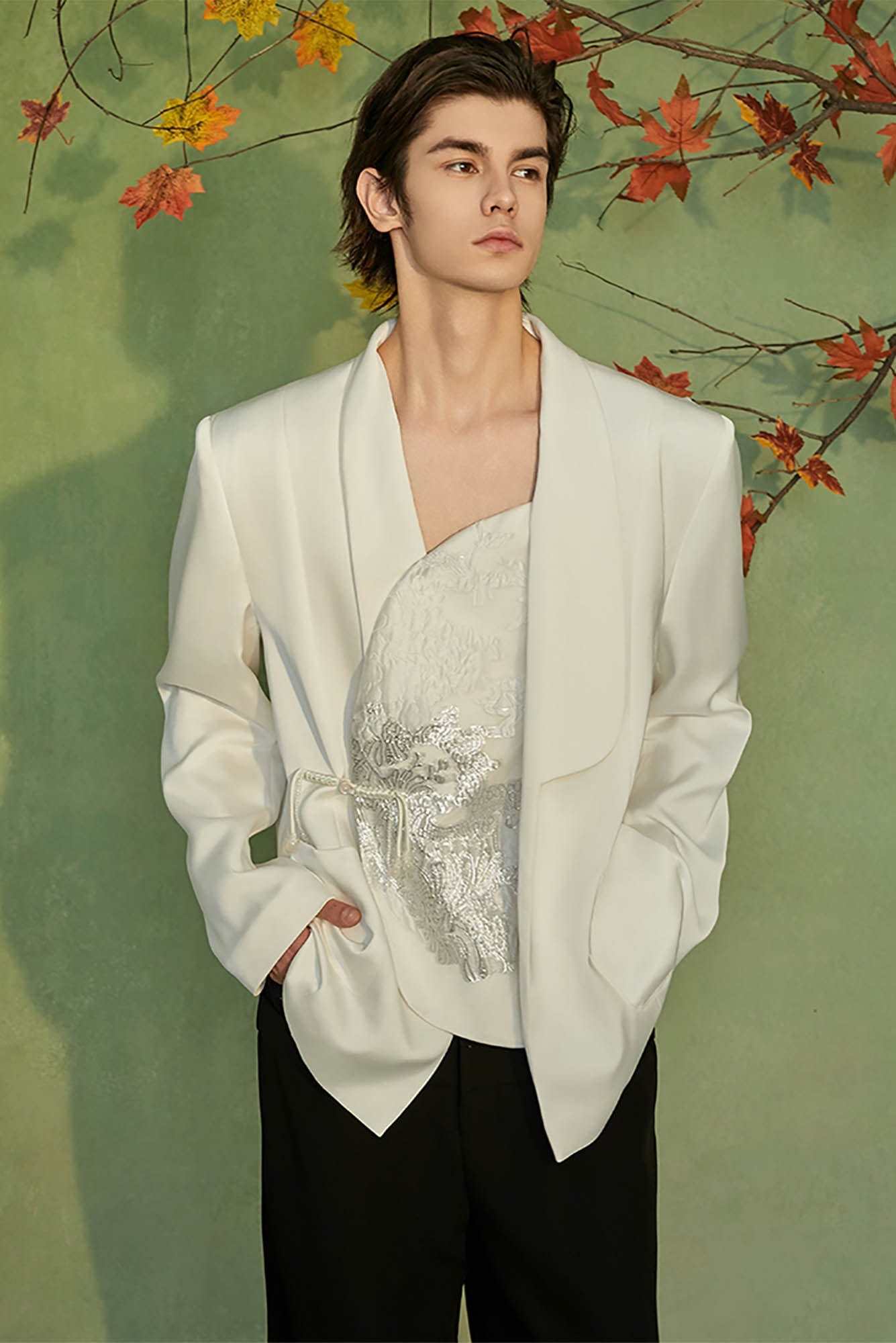 JIECHI Asymmetrical Curved Placket Jacquard Blazer