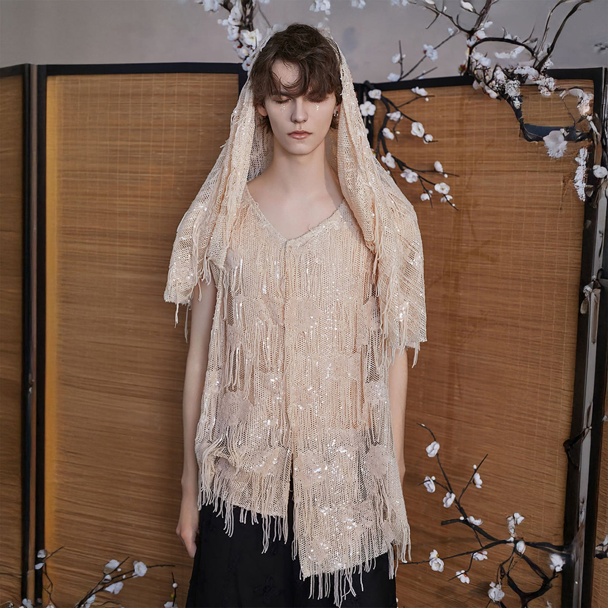 JIECHI Fringed Sequin Embroidered Hooded Poncho